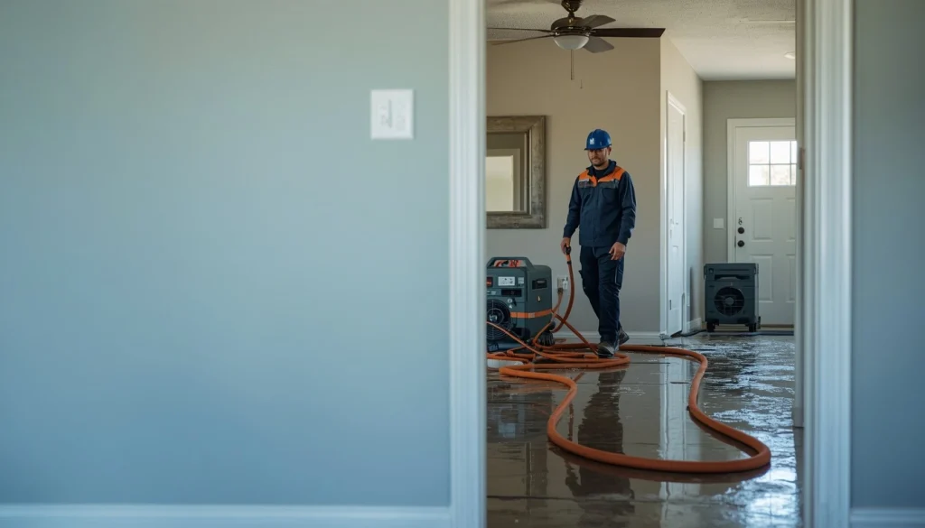 Professional water damage restoration technician providing emergency water removal services in a Texas home
